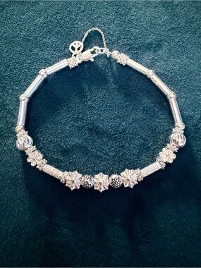 🥀 STERLING SILVER FLOWER POWER BEADED BRACELET🥀w/BUTTERFLY BEADS🥀MEDIUM WEIGHT🥀